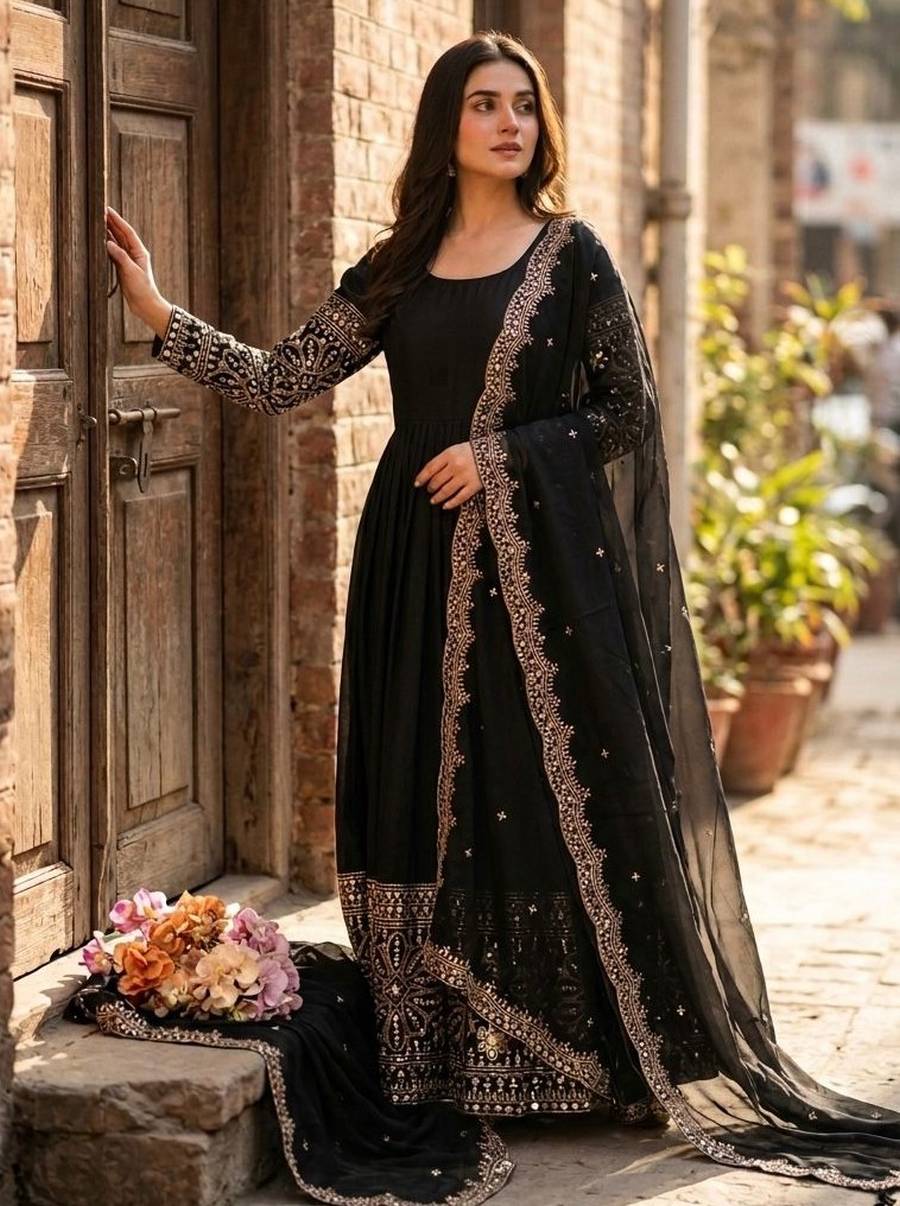 10DESIGNER CHINON SILK EMBROIDERY 5 MM SEQUENCE WITH REAL MIRROR WORK GOWN BOTTOM WITH DUPATTA FESTIVE WEAR WHOLESALE PRICE ETHNIC GARMENT (13)