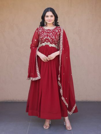DESIGNER FAUX BLOOMING ZARI, SEQUENCE & PIPE BEADS EMBROIDERY WORK GOWN WITH DUPATTA MAROON