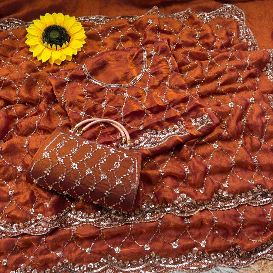 10DESIGNER SPACE SILK ORIGINAL GOLD BEADS WORK WITH CUT WORK BORDER SAREE WITH UNSTITCHED BLOUSE WITH SAME PURSE PARTY WEAR WHOLESALE PRICE ETHNIC GARMENT (10)
