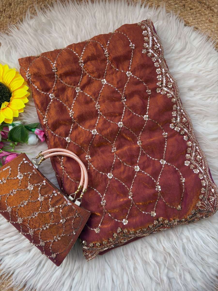 10DESIGNER SPACE SILK ORIGINAL GOLD BEADS WORK WITH CUT WORK BORDER SAREE WITH UNSTITCHED BLOUSE WITH SAME PURSE PARTY WEAR WHOLESALE PRICE ETHNIC GARMENT (11)