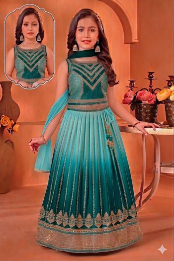 FANCY CHINON SILK SEQUENCE EMBROIDERY WORK KID'S LEHENGA CHOLI WITH DUPATTA RAMA