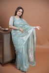 10MODERN SOFT TWILL NET EMBROIDERY THREAD WITH SEQUENCE AND CUTWORK BORDER WITH STONE WORK SAREE WITH UNSTITCHED BLOUSE PARTY WEAR WHOLESALE PRICE ETHNIC GARMENT (4)