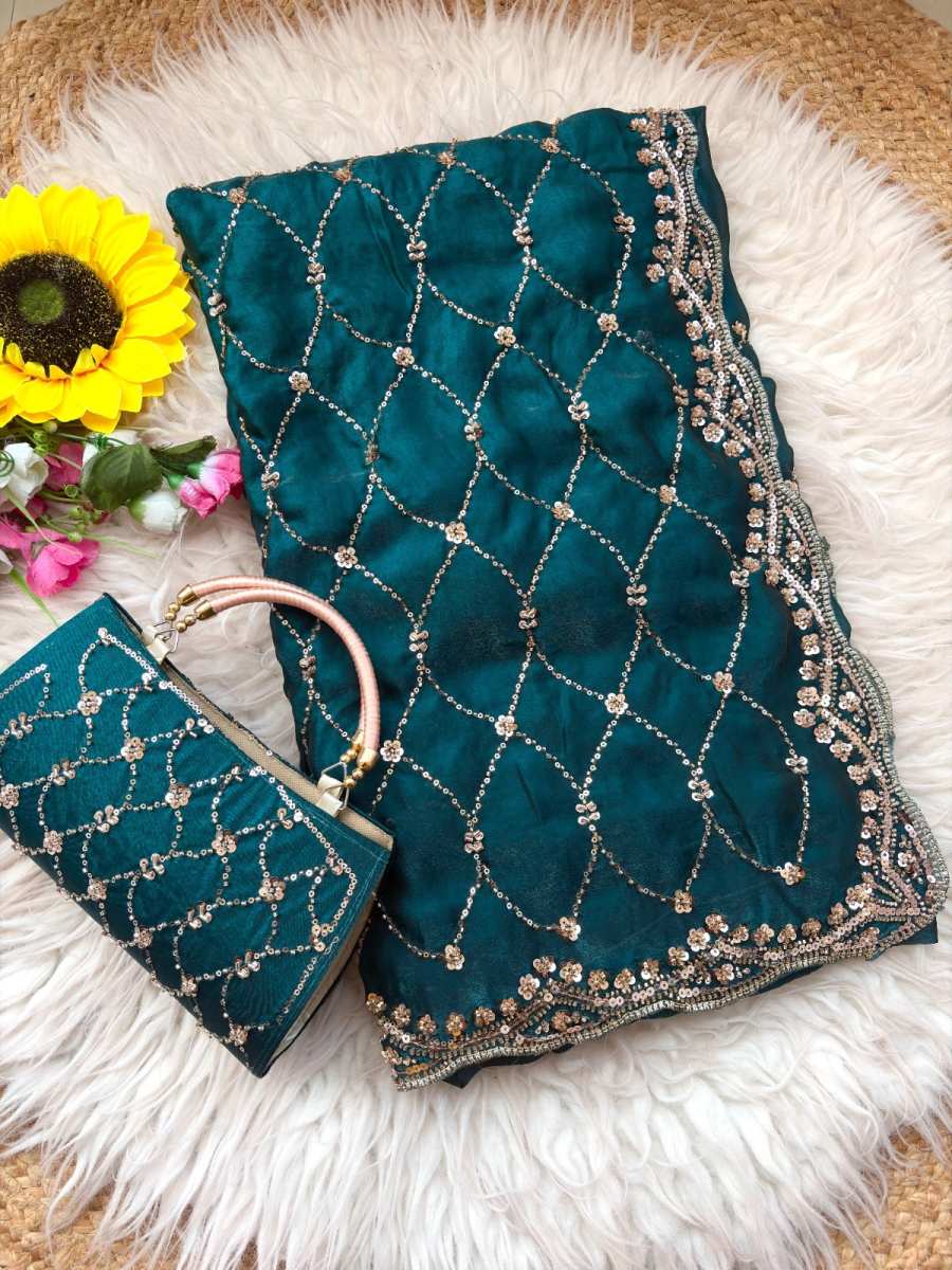 11DESIGNER SPACE SILK ORIGINAL GOLD BEADS WORK WITH CUT WORK BORDER SAREE WITH UNSTITCHED BLOUSE WITH SAME PURSE PARTY WEAR WHOLESALE PRICE ETHNIC GARMENT (19)