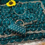 DESIGNER SPACE SILK ORIGINAL GOLD BEADS WORK WITH CUT WORK BORDER SAREE WITH UNSTITCHED BLOUSE TEAL