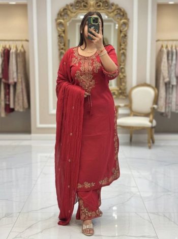MODERN ROMAN EMBROIDERY WORK WITH LATKAN WORK TOP PALAZZO WITH DUPATTA RED