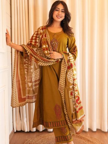 RICH LOOK JAIPURI COTTON BAGRU PRINT AND MIRROR WORK TOP BOTTOM WITH DUPATTA MUSTARD