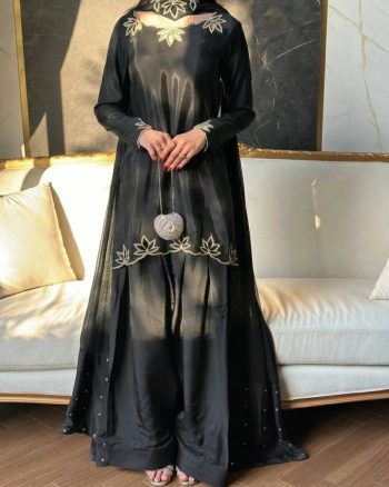 DESIGNER NATURAL CREPE EMBROIDERY AND MOTI WORK TOP PATIYALA WITH DUPATTA BLACK