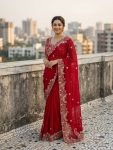 12DESIGNER SATIN SILK SEQUENCE AND ZARI EMBROIDERY WORK WITH CUTWORK BORDER SAREE WITH STITCHED BLOUSE WEDDING WEAR WHOLESALE PRICE ETHNIC GARMENT (10)