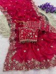 12DESIGNER SATIN SILK SEQUENCE AND ZARI EMBROIDERY WORK WITH CUTWORK BORDER SAREE WITH STITCHED BLOUSE WEDDING WEAR WHOLESALE PRICE ETHNIC GARMENT (10)