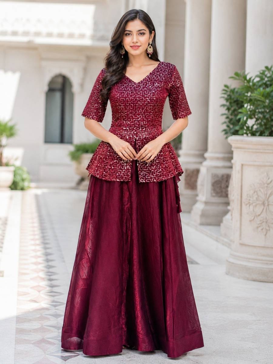 12MODERN FENDY SATIN SEQUENCE AND PIPE EMBROIDERY WORK BLOUSE AND PLAIN LEHENGA FESTIVE WEAR WHOLESALE PRICE ETHNIC GARMENT (11)
