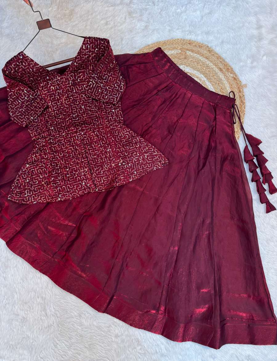 12MODERN FENDY SATIN SEQUENCE AND PIPE EMBROIDERY WORK BLOUSE AND PLAIN LEHENGA FESTIVE WEAR WHOLESALE PRICE ETHNIC GARMENT (8)