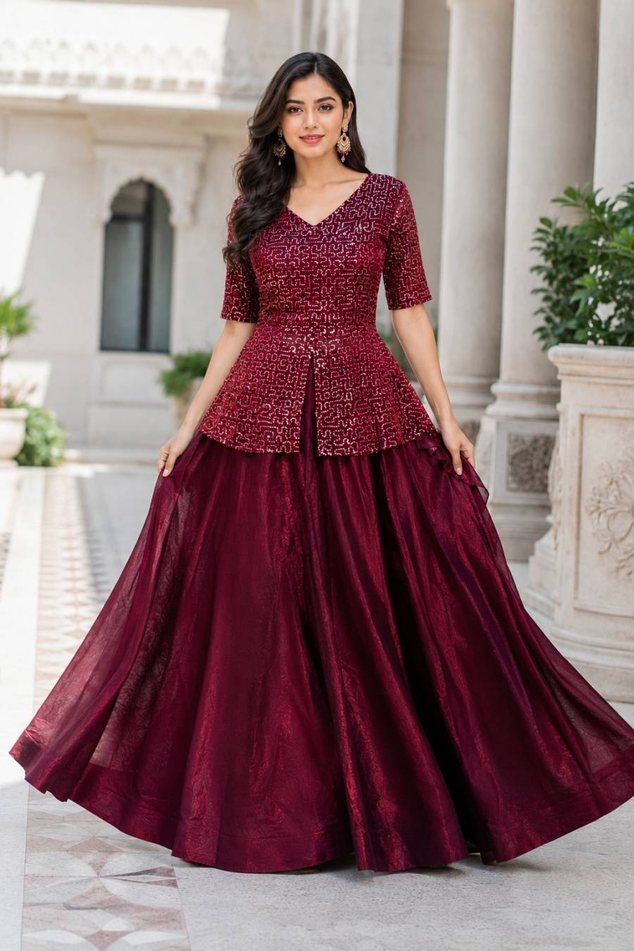 12MODERN FENDY SATIN SEQUENCE AND PIPE EMBROIDERY WORK BLOUSE AND PLAIN LEHENGA FESTIVE WEAR WHOLESALE PRICE ETHNIC GARMENT (9)