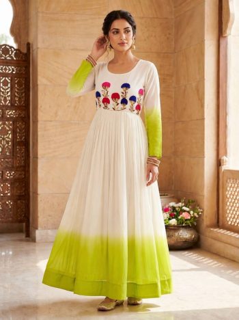 RICH LOOK GEORGETTE EMBROIDERY WOOLEN THREAD WORK GOWN WHITE AND PARROT GREEN