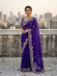 DESIGNER SATIN SILK SEQUENCE AND ZARI EMBROIDERY WORK WITH CUTWORK BORDER SAREE WITH STITCHED BLOUSE PURPLE
