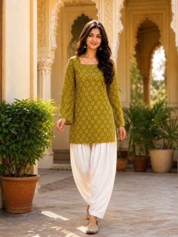 FANCY COTTON BANDHEJ PRINT WORK TOP PATIYALA SET GREEN