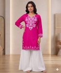 MODERN RAYON EMBROIDERY WORK TOP PALAZZO SET PINK