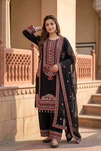 DESIGNER MUL CHANDERI EMBROIDERY SEQUENCE WITH REAL MIRROR HAND WORK AND FANCY LACE WORK TOP PATIYALA WITH DUPATTA BLACK