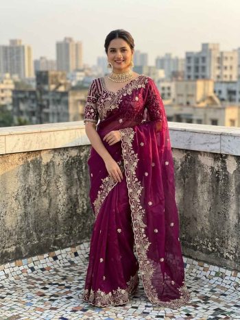 DESIGNER SATIN SILK SEQUENCE AND ZARI EMBROIDERY WORK WITH CUTWORK BORDER SAREE WITH STITCHED BLOUSE WINE