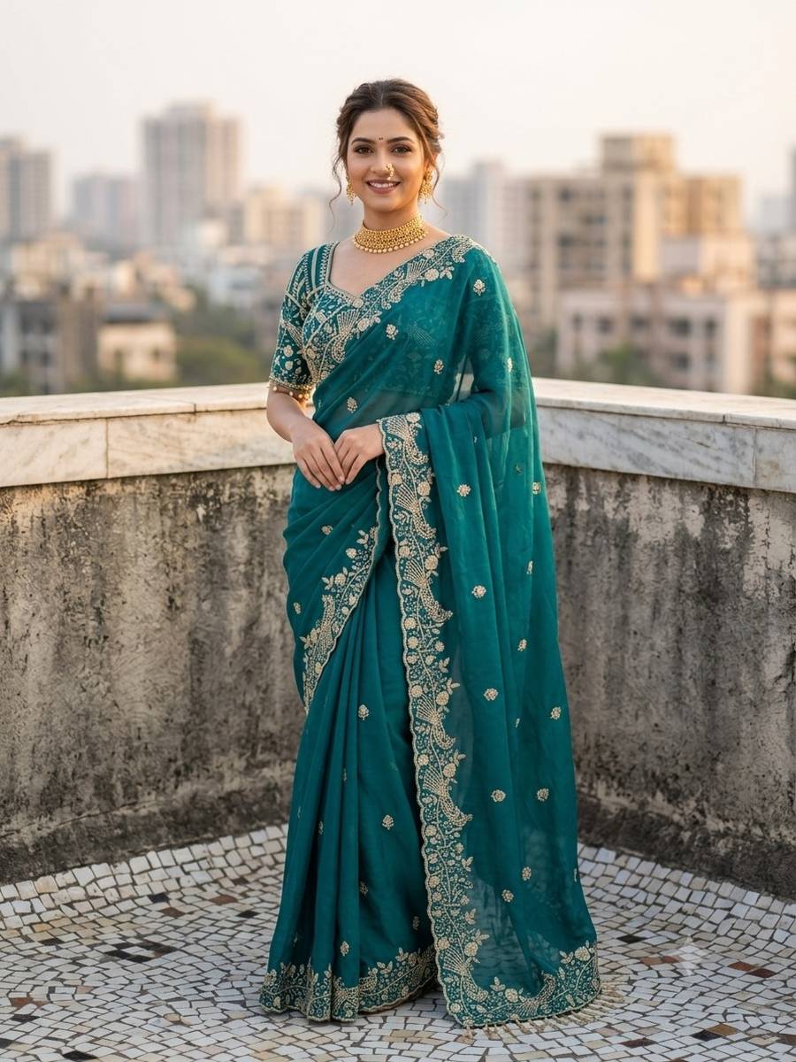 15DESIGNER SATIN SILK SEQUENCE AND ZARI EMBROIDERY WORK WITH CUTWORK BORDER SAREE WITH STITCHED BLOUSE WEDDING WEAR WHOLESALE PRICE ETHNIC GARMENT (10)
