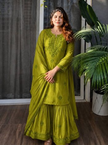 DESIGNER RAYON THREAD EMBROIDERY WORK TOP SHARARA WITH DUPATTA GREEN