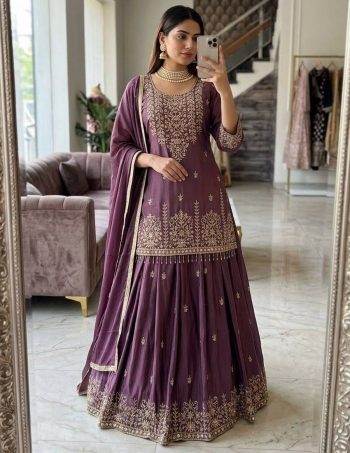 MODERN CHINON SILK EMBROIDERY 5 MM SEQUENCE WORK TOP LEHENGA WITH DUPATTA WINE