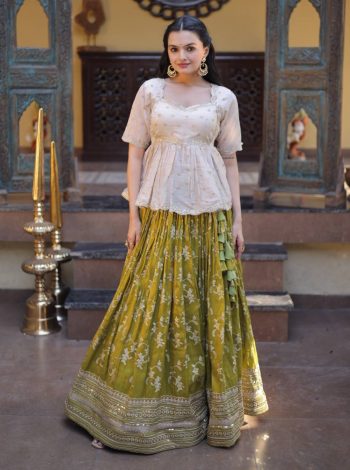 MODERN JACQUARD EMBROIDERED SEQUENCE WORK TOP LEHENGA MEHNDI