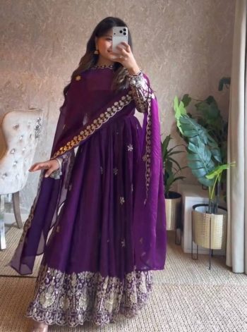 DESIGNER FENDY SILK THREAD AND 3MM AND 9MM SEQUENCE WORK GOWN BOTTOM WITH DUPATTA PURPLE