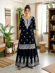 FANCY FRENCH CREPE SILK THREAD EMBROIDERY WORK KURTI PALAZZO SET BLACK