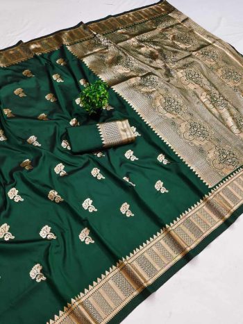 DESIGNER BANARASI SILK SELF & ZARI  WEAVING RICH PALLU UNIQUE BORDER WORK SAREE WITH UNSTITCHED BLOUSE GREEN