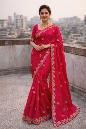 DESIGNER FENDY SATIN CONTRAST PALLU SPRING DORI EMBROIDERY WORK CUTWORK BORDER SAREE WITH UNSTITCHED BLOUSE RANI