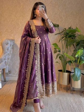 DESIGNER FENDY SILK EMBROIDERY  SEQUENCE WORK GOWN BOTTOM WITH DUPATTA LAVENDER