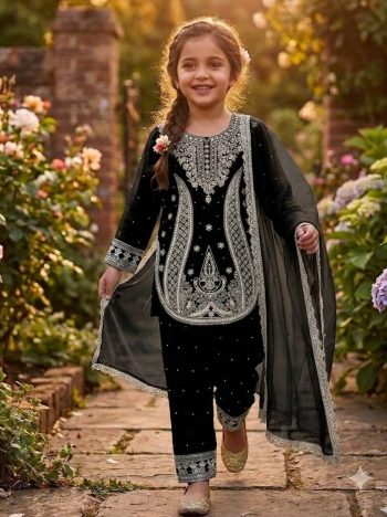 DESIGNER GEORGETTE EMBROIDERY WITH MOTI WORK KID'S TOP BOTTOM WITH DUPATTA BLACK