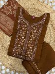 DESIGNER MANGO SILK MULTI EMBROIDERY SEQUENCE WITH HAND WORK TOP BOTTOM WITH DUPATTA CHIKU