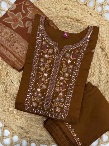 DESIGNER MANGO SILK MULTI EMBROIDERY SEQUENCE WITH HAND WORK TOP BOTTOM WITH DUPATTA CHIKU