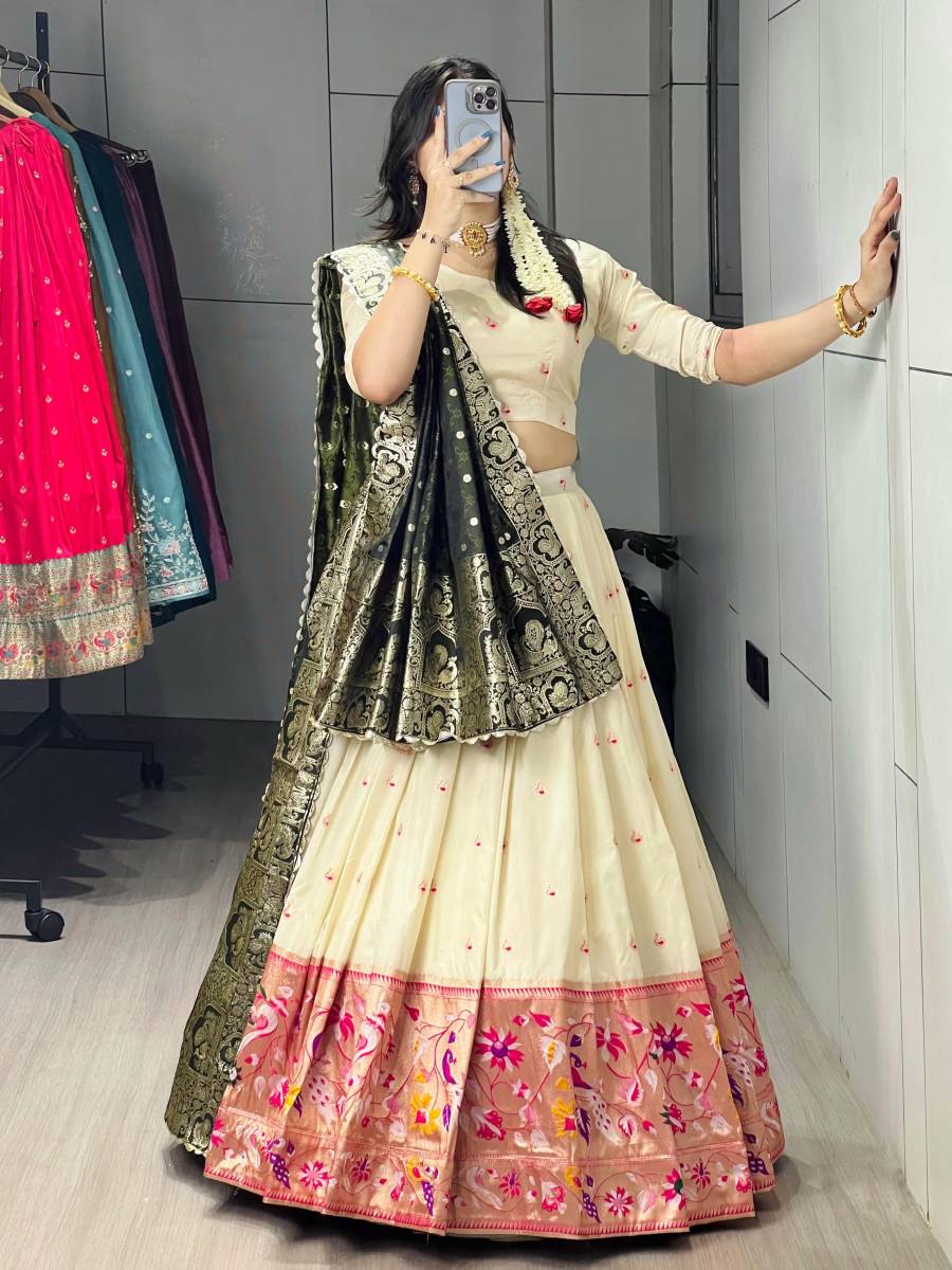 1DESIGNER PAITHANI SILK ZARI WEAVING WORK WITH COLORED BORDER AND BUTTI WORK LEHENGA CHOLI WITH DUPATTA WEDDING WEAR WHOLESALE PRICE ETHNIC GARMENT (12)