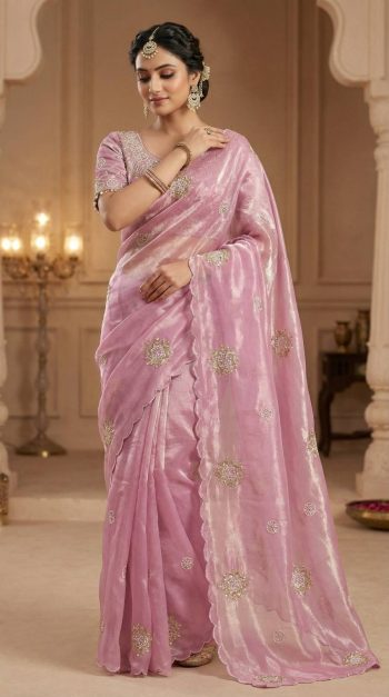 DESIGNER SOFT FENDY SATIN SILK HAND WORK AND CUT WORK WITH ARCO BORDER SAREE WITH STITCH BLOUSE BABY PINK