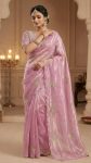 DESIGNER SOFT FENDY SATIN SILK  HAND WORK AND CUT WORK WITH ARCO BORDER SAREE WITH STITCH BLOUSE BABY PINK