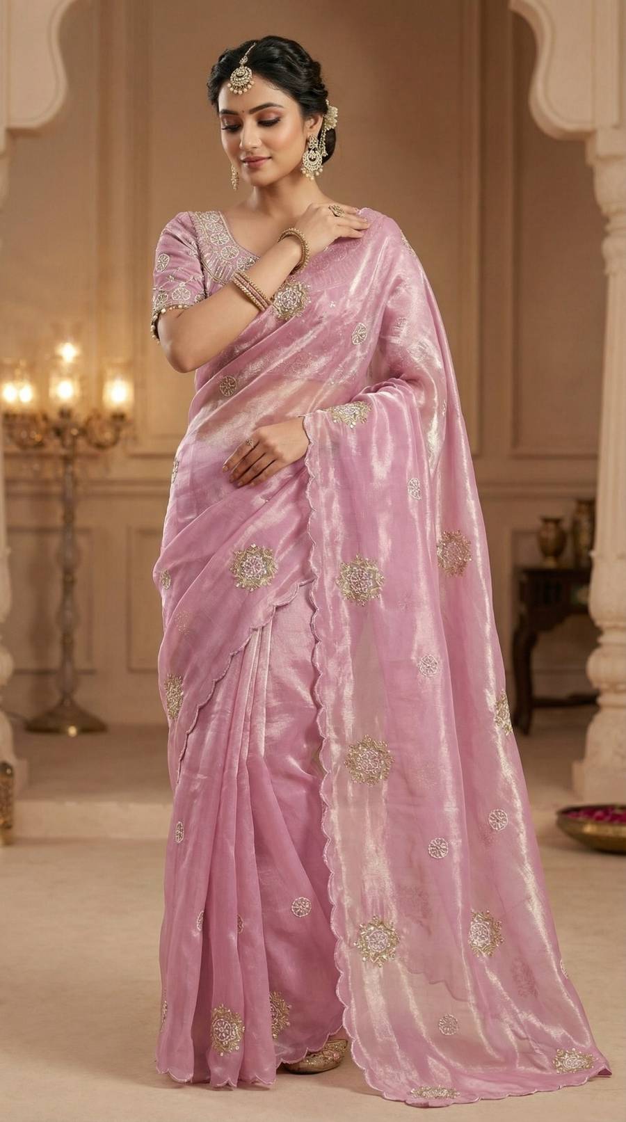 1DESIGNER SOFT FENDY SATIN SILK HAND WORK AND CUT WORK WITH ARCO BORDER SAREE WITH STITCH BLOUSE WHOLESALE PRICE ETHNIC GARMENT (5)