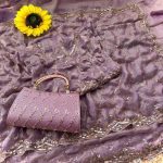 DESIGNER SPACE SILK ORIGINAL GOLD BEADS WORK WITH CUT WORK BORDER SAREE WITH UNSTITCHED BLOUSE LAVENDER