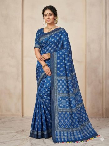 FANCY CHINON AJRAK DIGITAL PRINT WITH REAL MIRROR WORK WITH KODI LACE BORDER WORK SAREE WITH UNSTITCHED BLOUSE RAMA