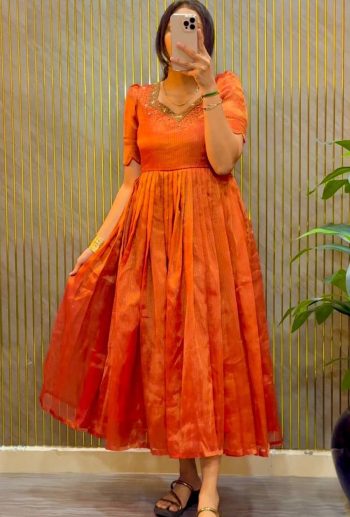 FANCY KOTA TISSUE SILK MAGGAM HAND WORK GOWN ORANGE