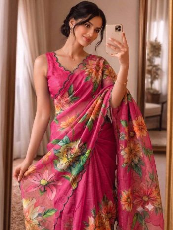 FANCY LINEN SILK DIGITAL PRINT AND KHATLI WORK SAREE WITH UNSTITCHED BLOUSE PINK
