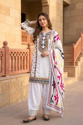 FANCY NATURAL SILK EMBROIDRY WORK TOP PATIYALA WITH DUPATTA WHITE