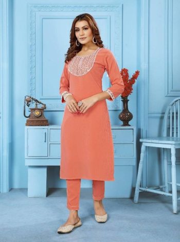 FANCY RINKAL COTTON EMBROIDERY WORK TOP PENT SET PEACH