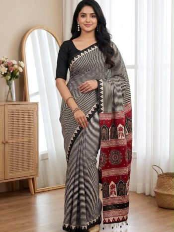 FANCY SATIN AJARAKH PRINT WITH REAL MIRROR WORK SAREE WITH UNSTITCHED BLOUSE BLACK