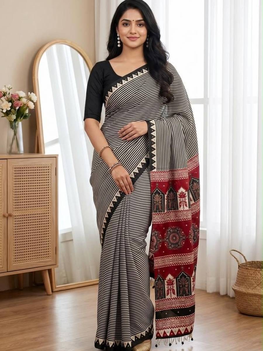 1FANCY SATIN AJARAKH PRINT WITH REAL MIRROR WORK SAREE WITH UNSTITCHED BLOUSE FESTIVE WEAR WHOLESALE PRICE ETHNIC GARMENT (18)