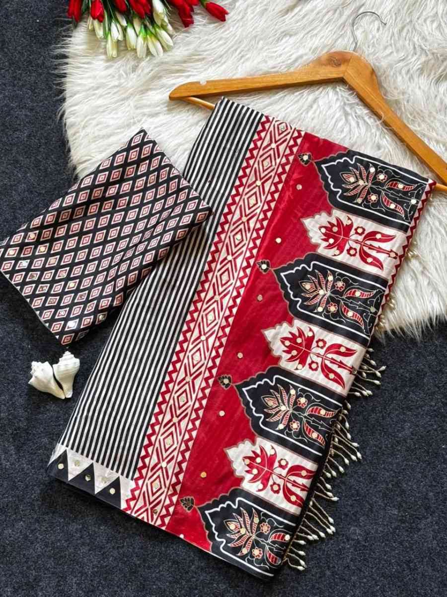 1FANCY SATIN AJARAKH PRINT WITH REAL MIRROR WORK SAREE WITH UNSTITCHED BLOUSE FESTIVE WEAR WHOLESALE PRICE ETHNIC GARMENT (19)