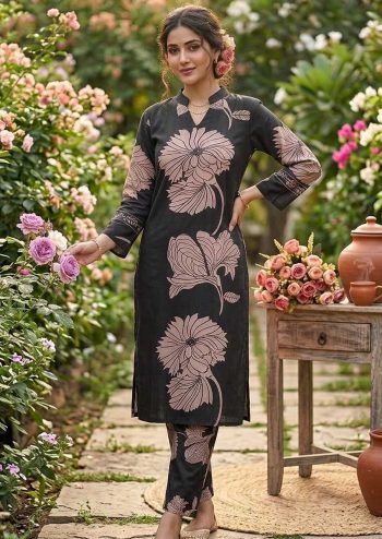 FANCY SLUB COTTON PRINTED WORK TOP PENT SET BLACK