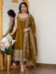 LATEST VICHITRA SILK EMBROIDERY ZARI CODING SEQUENCE WORK GOWN BOTTOM WITH DUPATTA MEHNDI