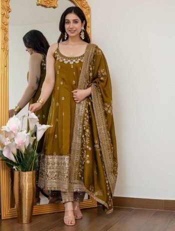LATEST VICHITRA SILK EMBROIDERY ZARI CODING SEQUENCE WORK GOWN BOTTOM WITH DUPATTA MEHNDI